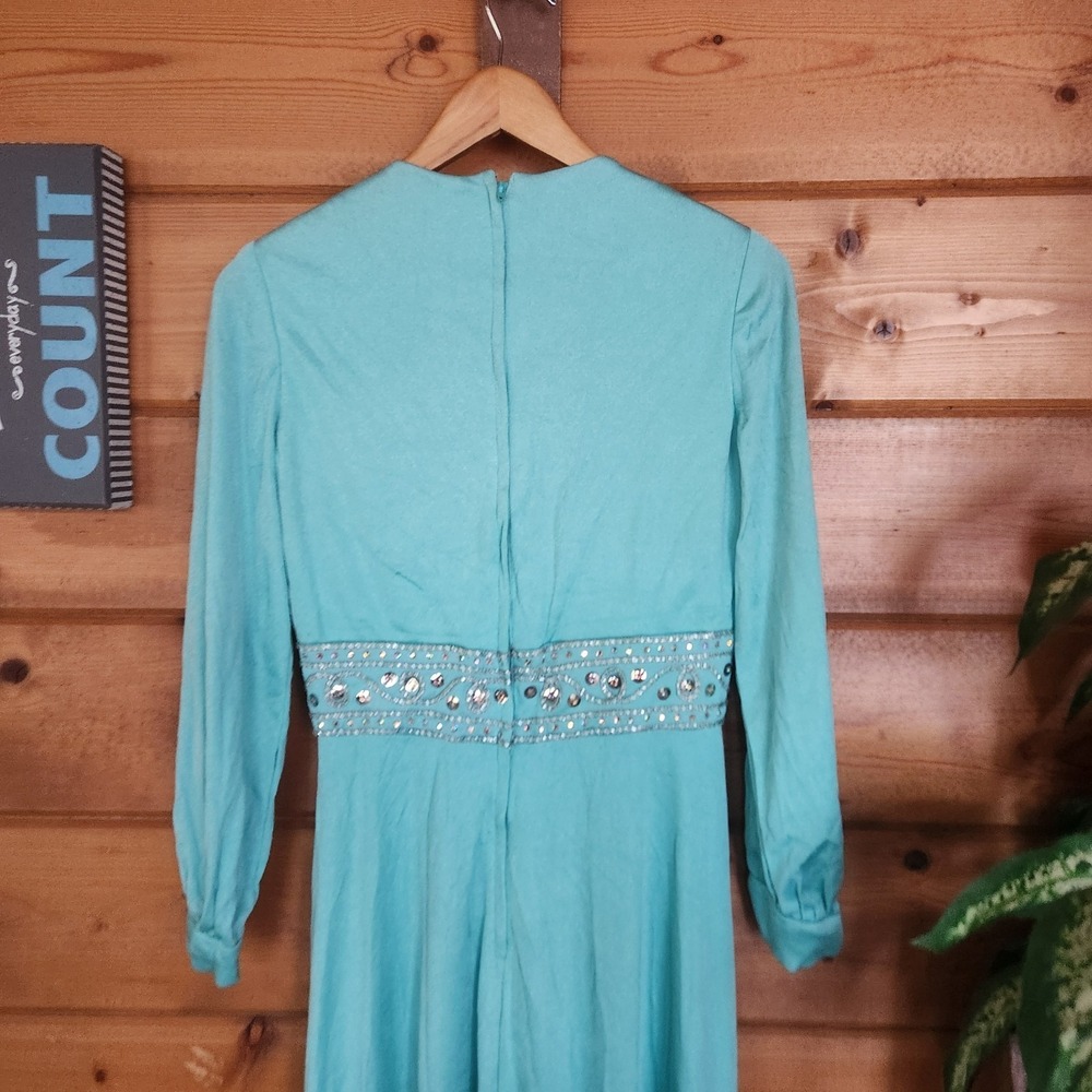 ILGWU Vintage 70s Maxi Dress Empire Waist Praire Retro Sequin Embellish Sz 26/2 - Picture 7 of 13